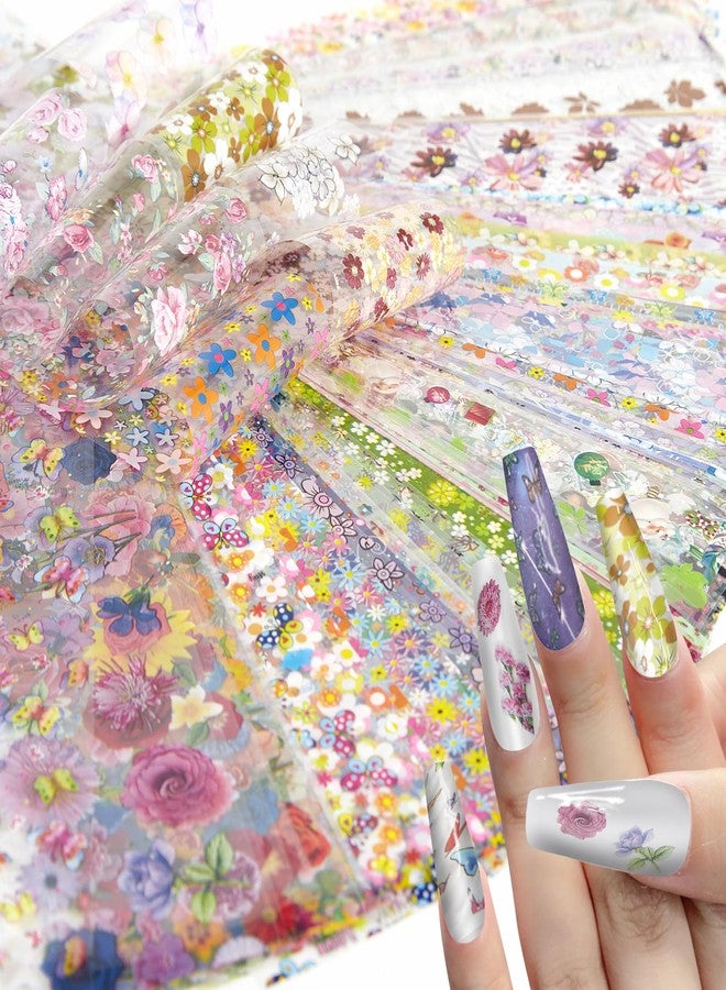 SILPECWEE 300Pcs Flowers Nail Foil, Holographic Nail Art Foil Flower Transfer Foils Paper 3D Floral Nails Stickers Fingernail Wraps Decals Manicure Design Kit Nails Decoration - Image 1